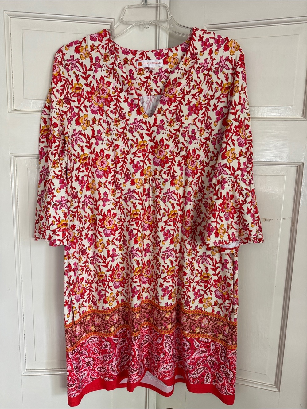 Jude Connally V-Neck Tunic Dress Ivory with Pink Yellow Floral Print Medium